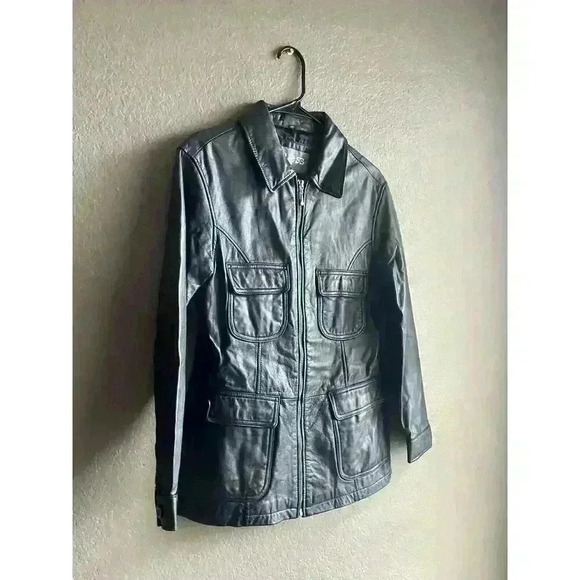 EUC GUESS Black Real Leather Jacket Motorcycle Winter Coat Size M - Picture 2 of 8